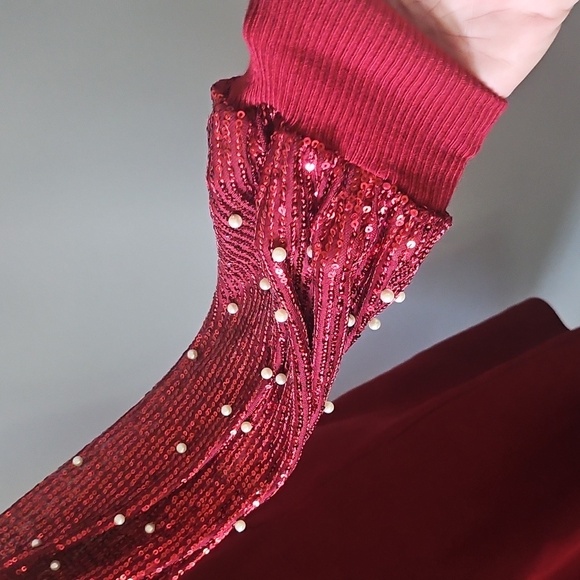 Cato Maroon Sweater Dress with Sequin and Pearl Long Sleeves - Picture 8 of 15